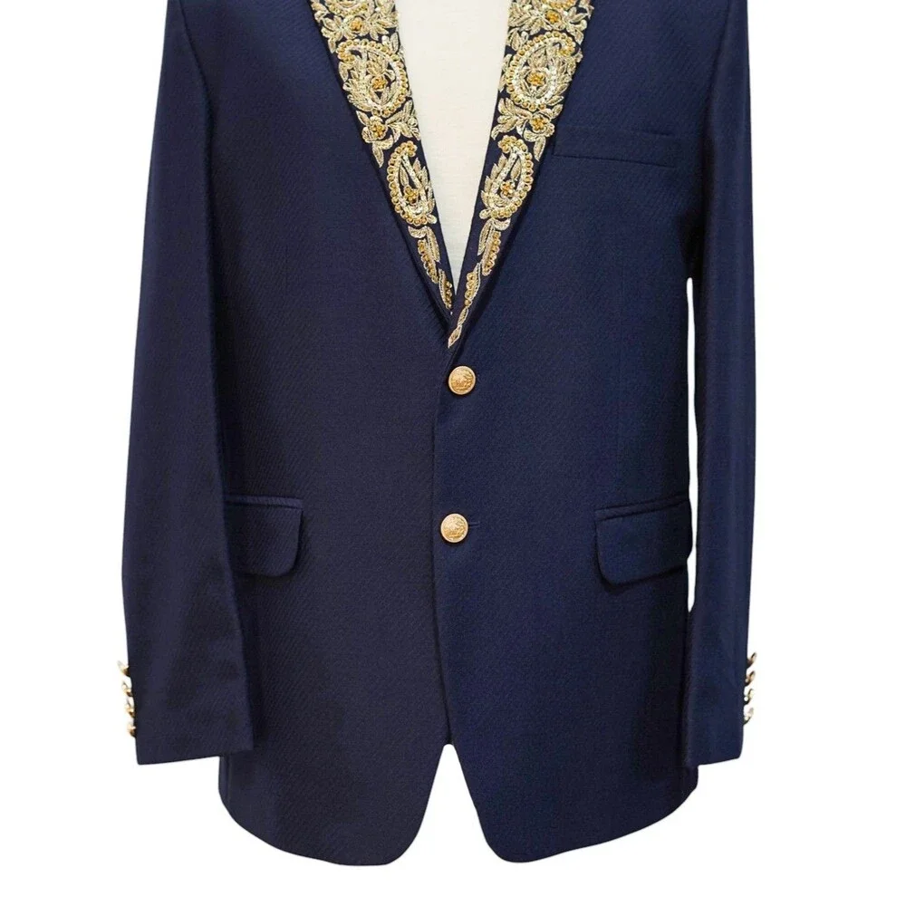 Mens 42R Navy Blue Wool Blazer Hand Embroidered Gold Paisley Tuxedo Suit Jacket